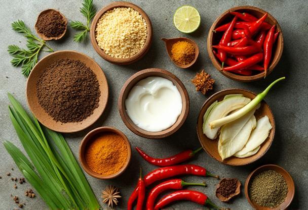 Válogatás indonéz fűszerekből és hozzávalókból, mint a galangal, citromfű, chili