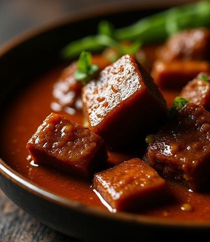 Hosszan főtt marhahús rendang, sötét és gazdag